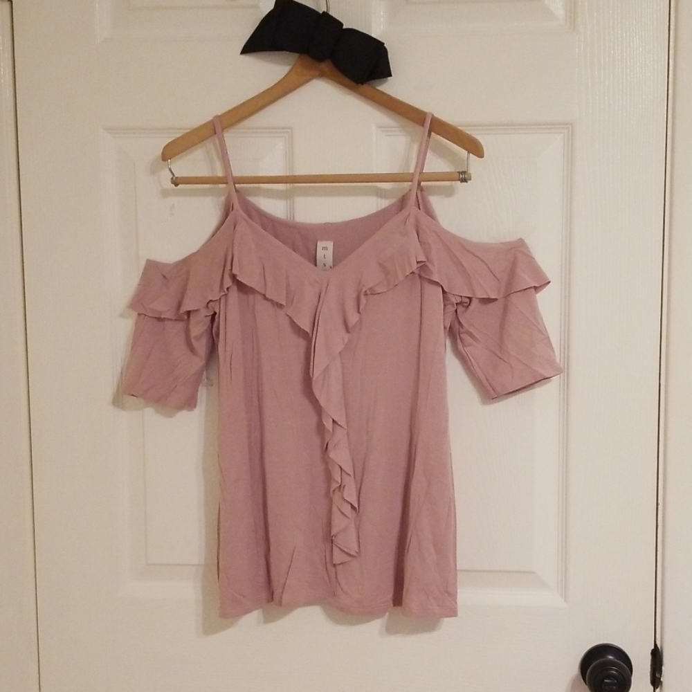 Soft Mauve Ruffled Cold-shoulder top - Picture 5 of 7